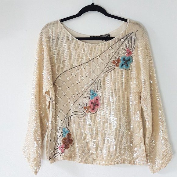 Vintage Iridescent Flower White Sequin Top, Size M, Sarine Paris Long Sleeve - Picture 2 of 10
